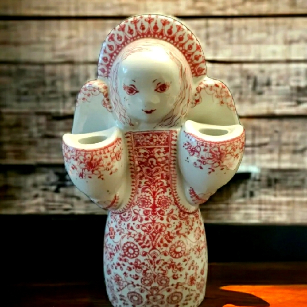 Vintage Nymolle Denmark Angel Candle Holder Red and Ivory By Jacob Bang